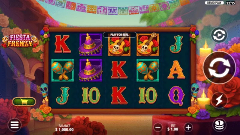 Fiesta Frenzy – Spielbildschirm mit Walzen und mexikanischer Ikonografie